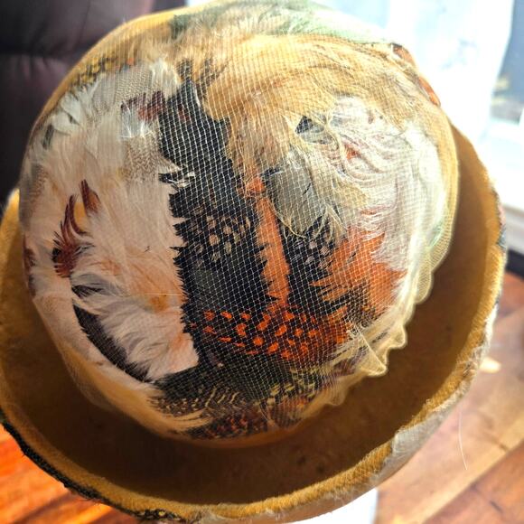 1960\'s Breton Style Angel Designs Feathered Hat Felted Wool Vintage Indie